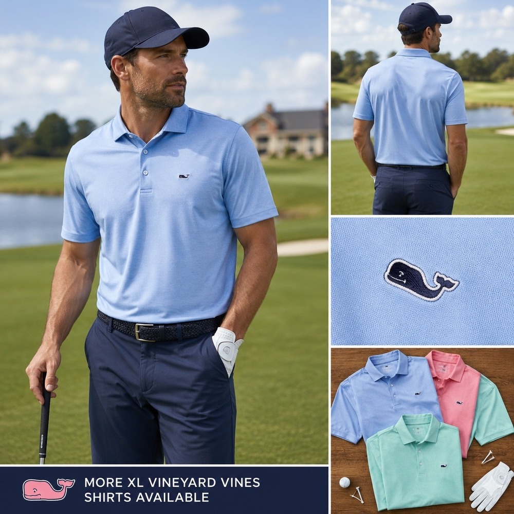 Vineyard Vines Mens XL Performance Polo Shirt Light Blue Short Sleeve Whale Logo